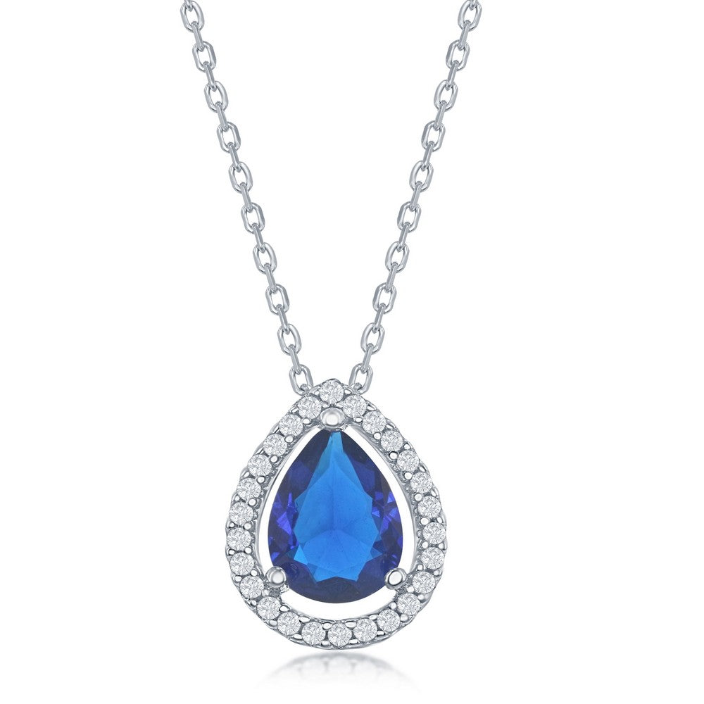 Silver Sapphire Cubic Zirconia Pear-Shaped Pendant