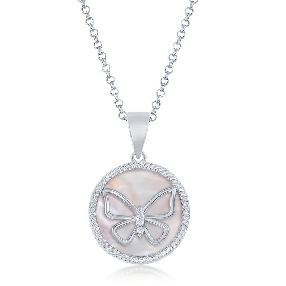 Silver Butterfly on Round Mother of Pearl Necklace