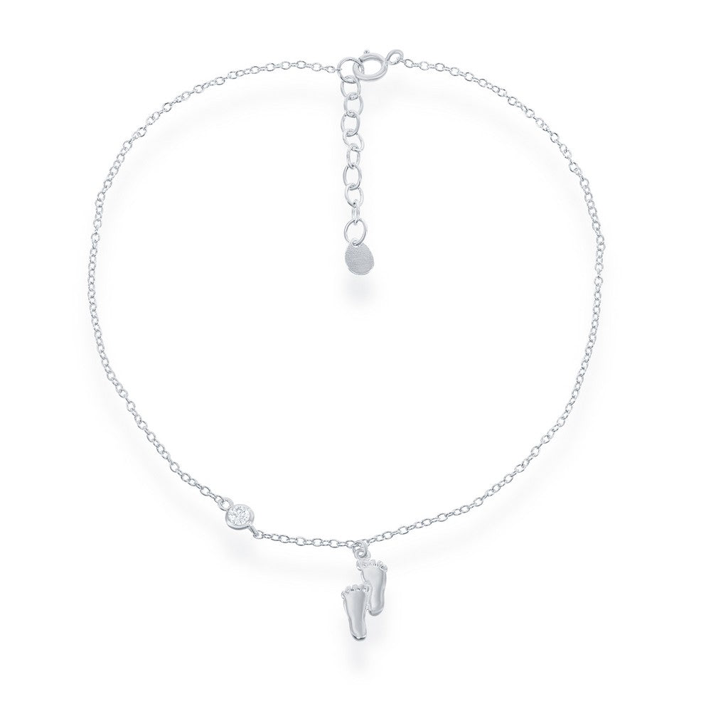 Sterling Silver Footprints with Single Cubic Zirconia Anklet 9+1"