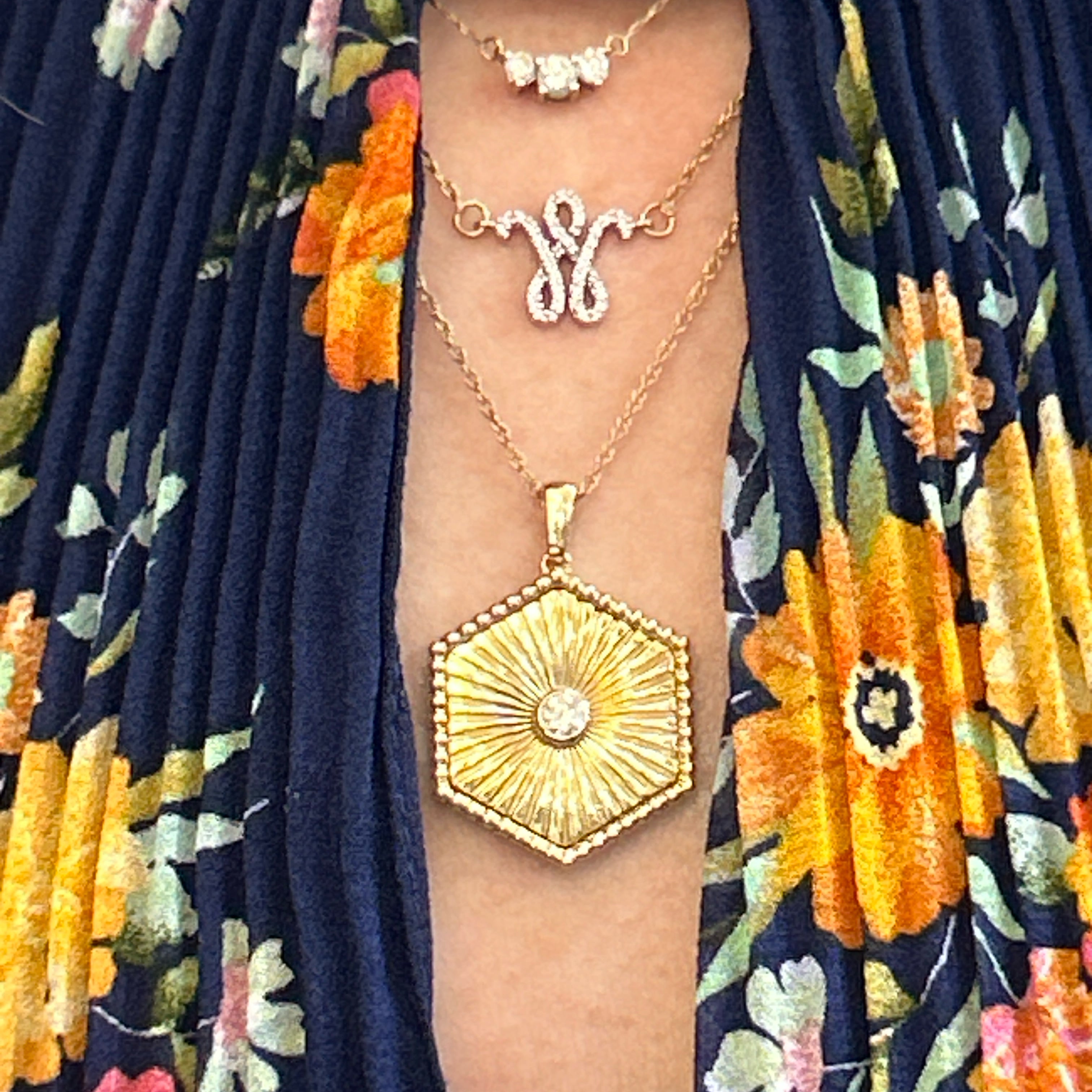 Yellow Gold Diamond Hexagonal Pendant Necklace