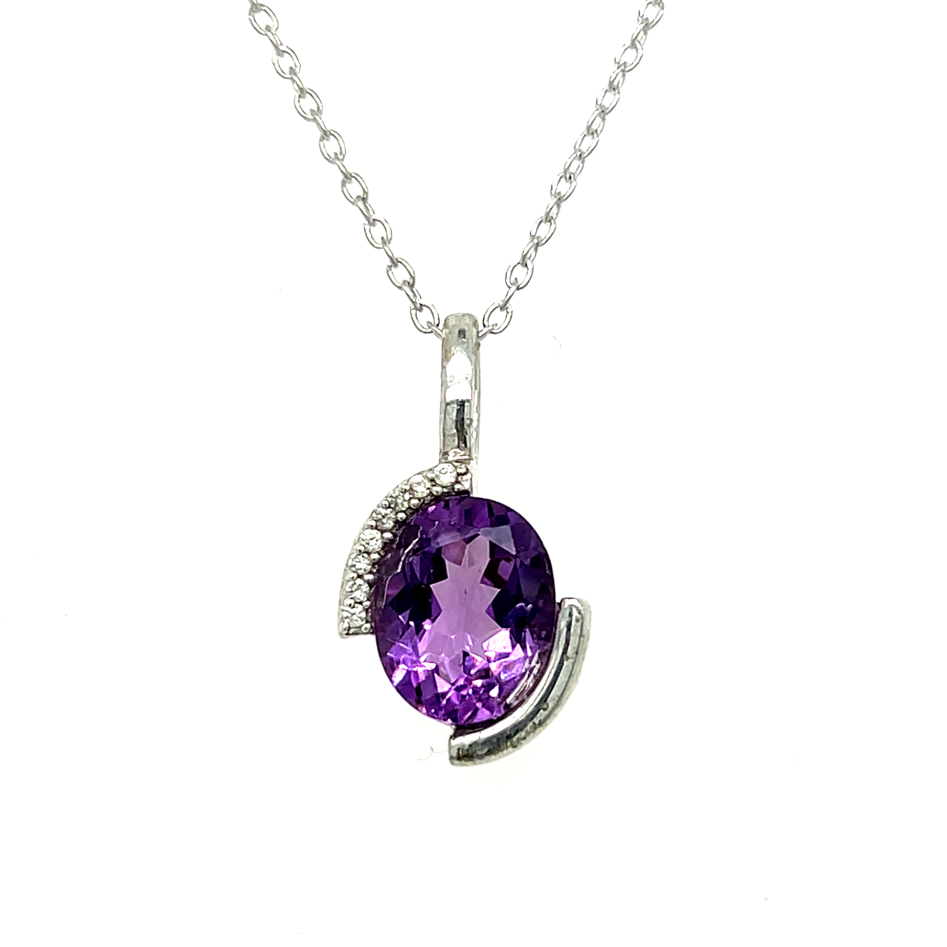 Silver Oval Amethyst and White Cubic Zirconia Partial Bezel Set Pendant Necklace