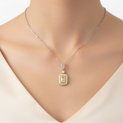 14K Two Tone Yellow Radiant Cut Diamond and Round Diamond Statement Pendant