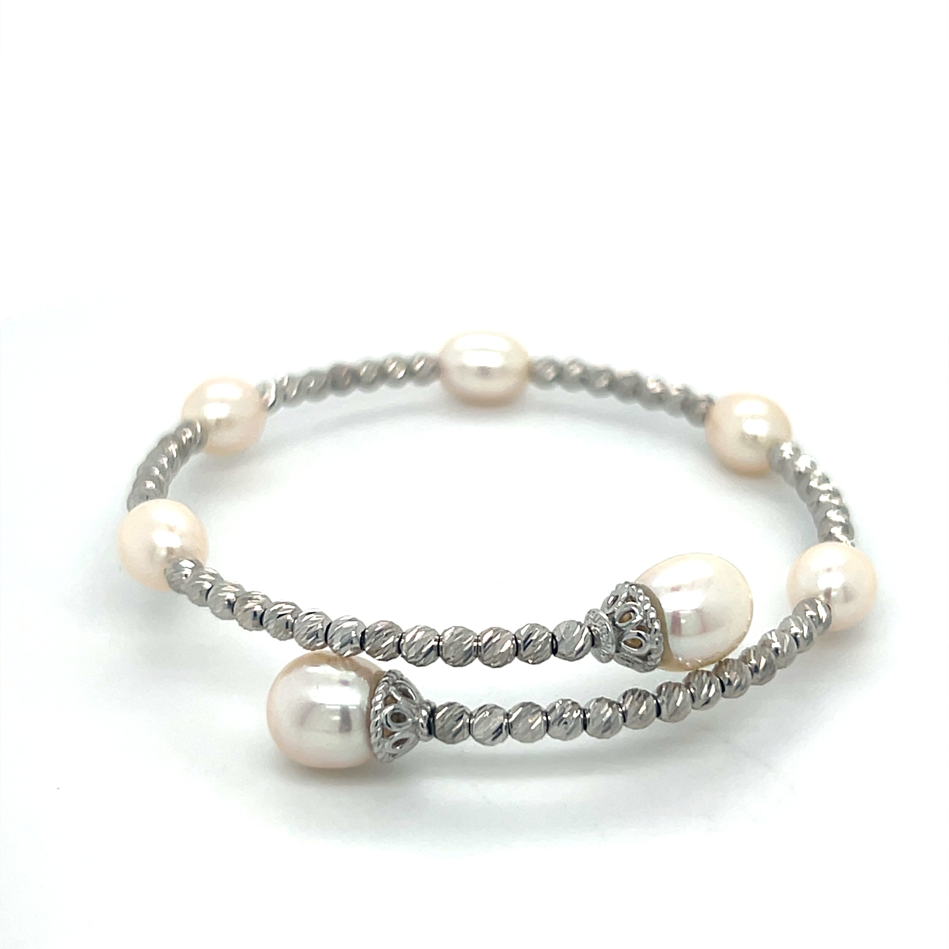 Silver Rhodium Plated Bead and Freshwater Pearl Station Cuff Bracelet 7.5"