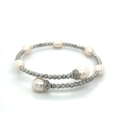 Silver Rhodium Plated Bead and Freshwater Pearl Station Cuff Bracelet 7.5"