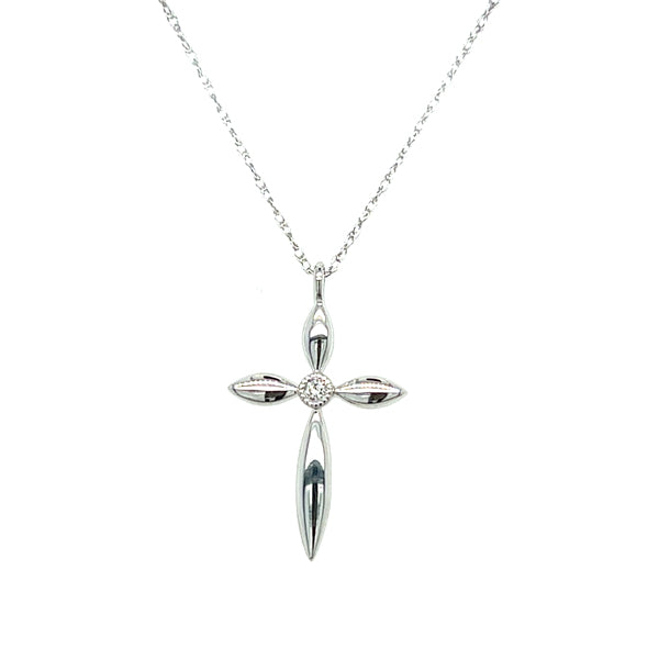 10K White Gold 1/50 Carat Diamond Cross Pendant with Milgrain Detail
