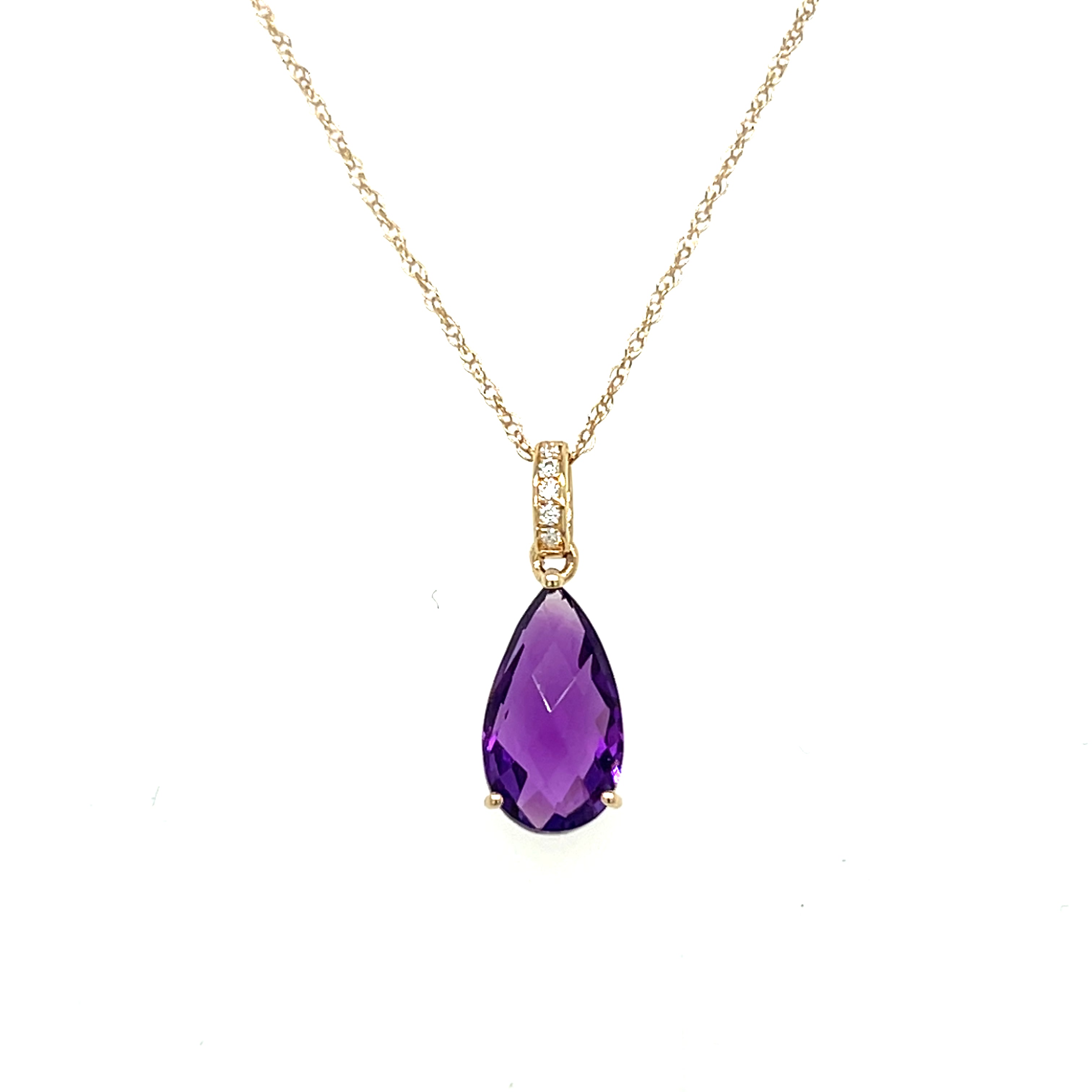 14K Yellow Gold 1.95CT Teardrop Amethyst and 0.019  Carat Total Weight (5) Diamond Pendant