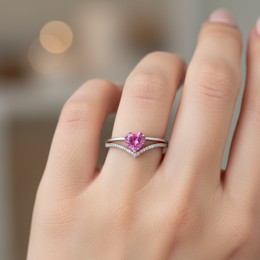 Silver Diamond and Pink Topaz Heart Ring