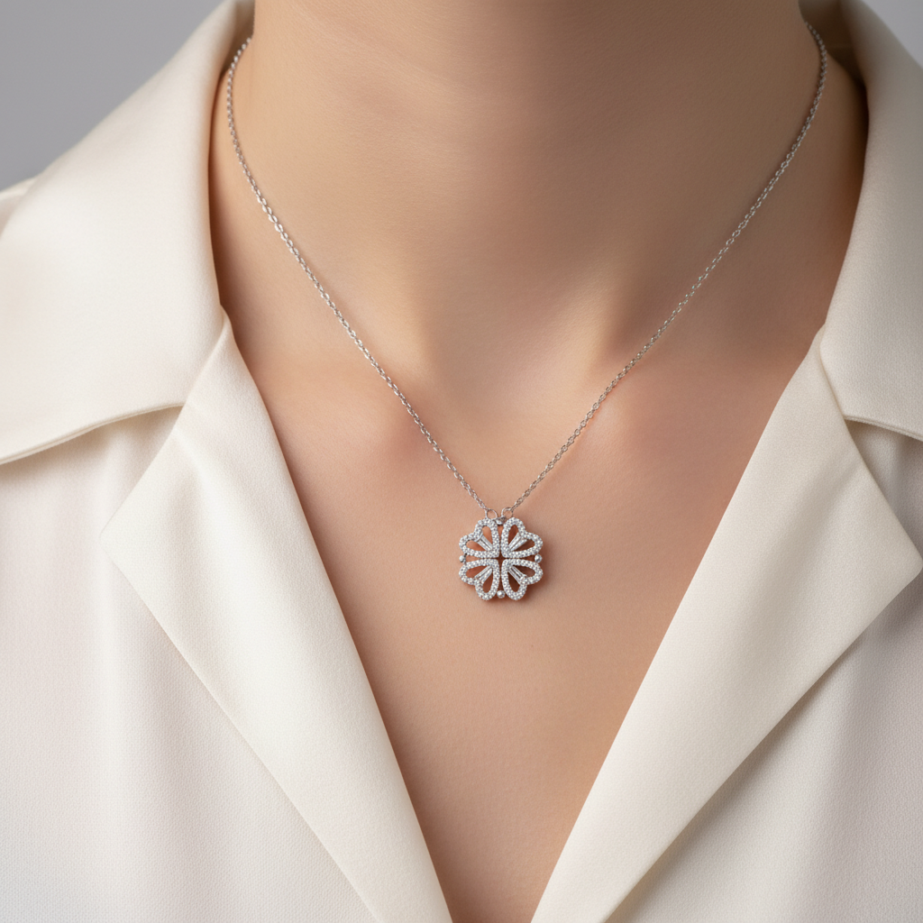 Silver Heart-Shaped Cubic Zirconia Flower Necklace