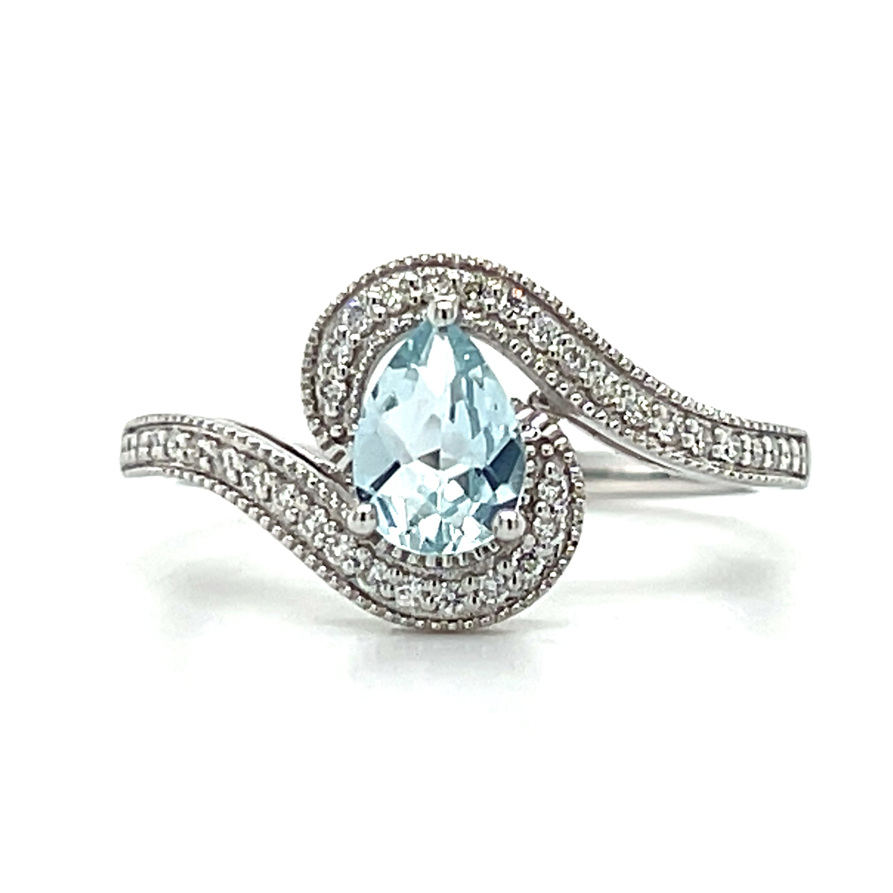 White Gold Pear-Shaped Aquamarine and Diamond Swirl Halo Ring