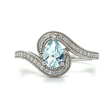White Gold Pear-Shaped Aquamarine and Diamond Swirl Halo Ring