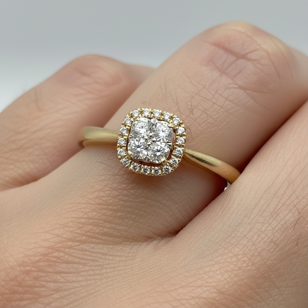 Yellow Gold Diamond Cluster and Halo Engagement Ring