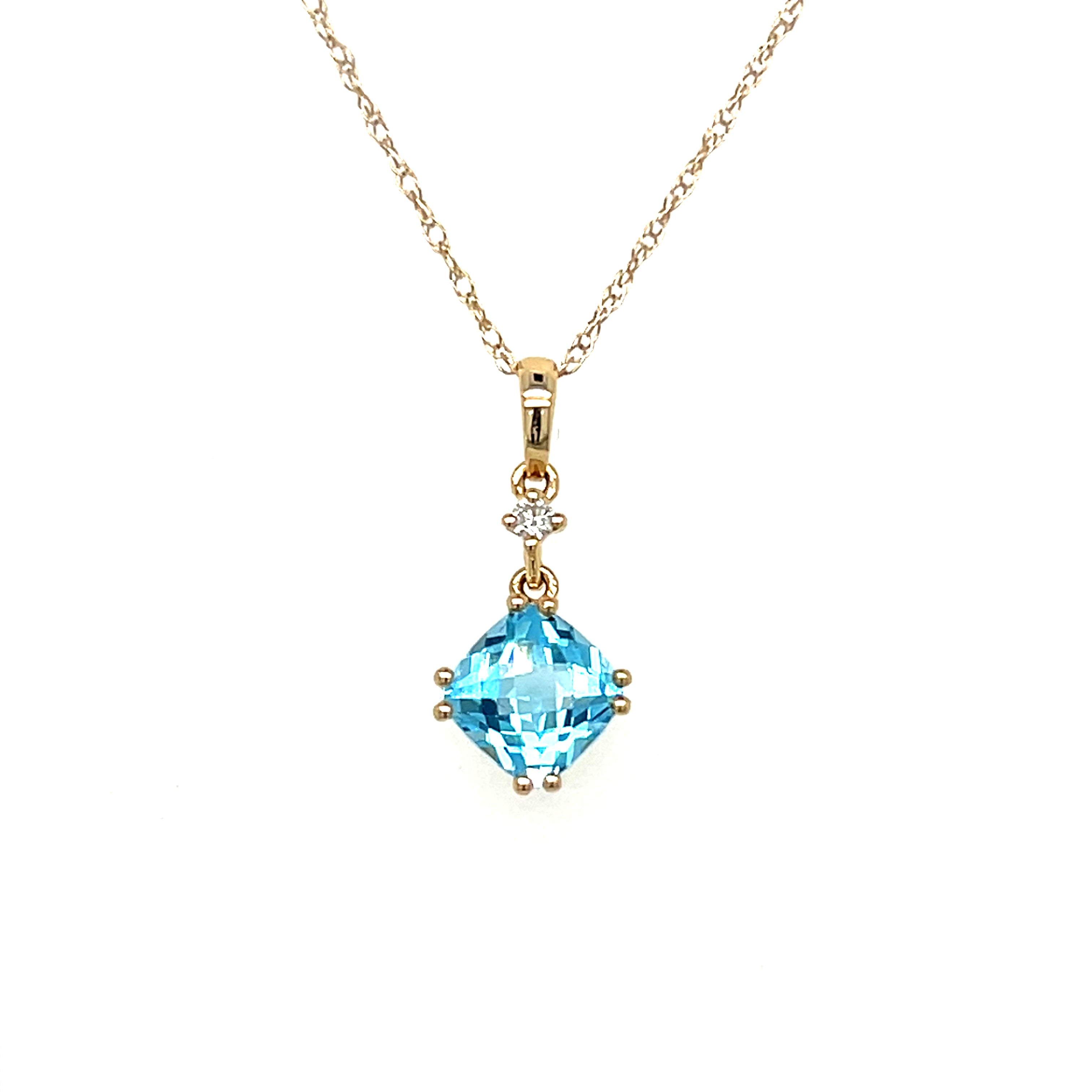 14K Yellow Gold 1.09CT 6x6mm Swiss Blue Topaz and 0.022 Carat Total Weight Diamond Pendant