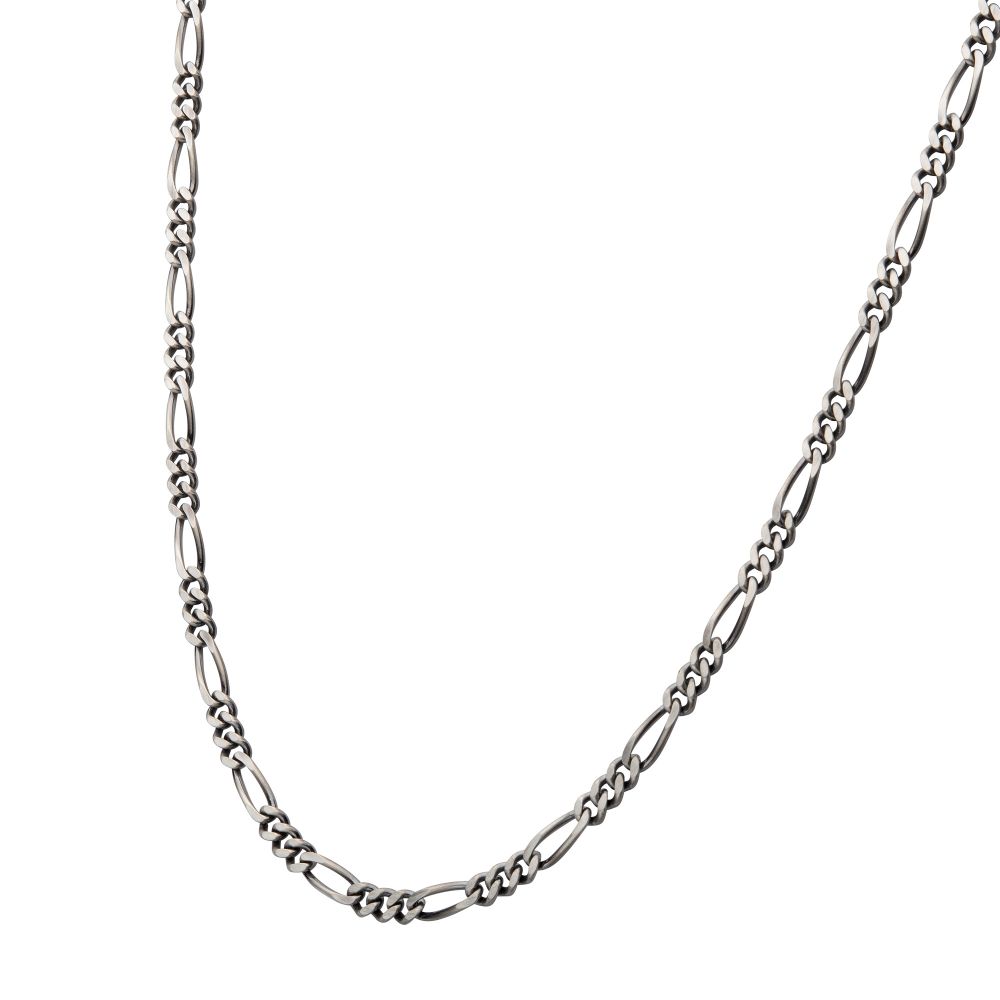 Men's Silver Black Rodium Plated Brushed Satin Finish Figaro Chain 22"
