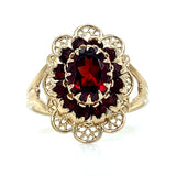 "Analee" 10K Yellow Gold 8x6mm Oval Garnet Floral Filigree Ring Estate