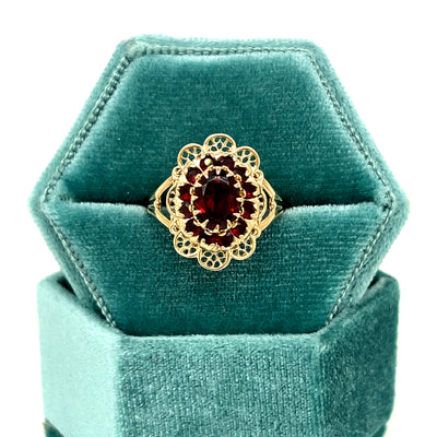"Analee" 10K Yellow Gold 8x6mm Oval Garnet Floral Filigree Ring Estate