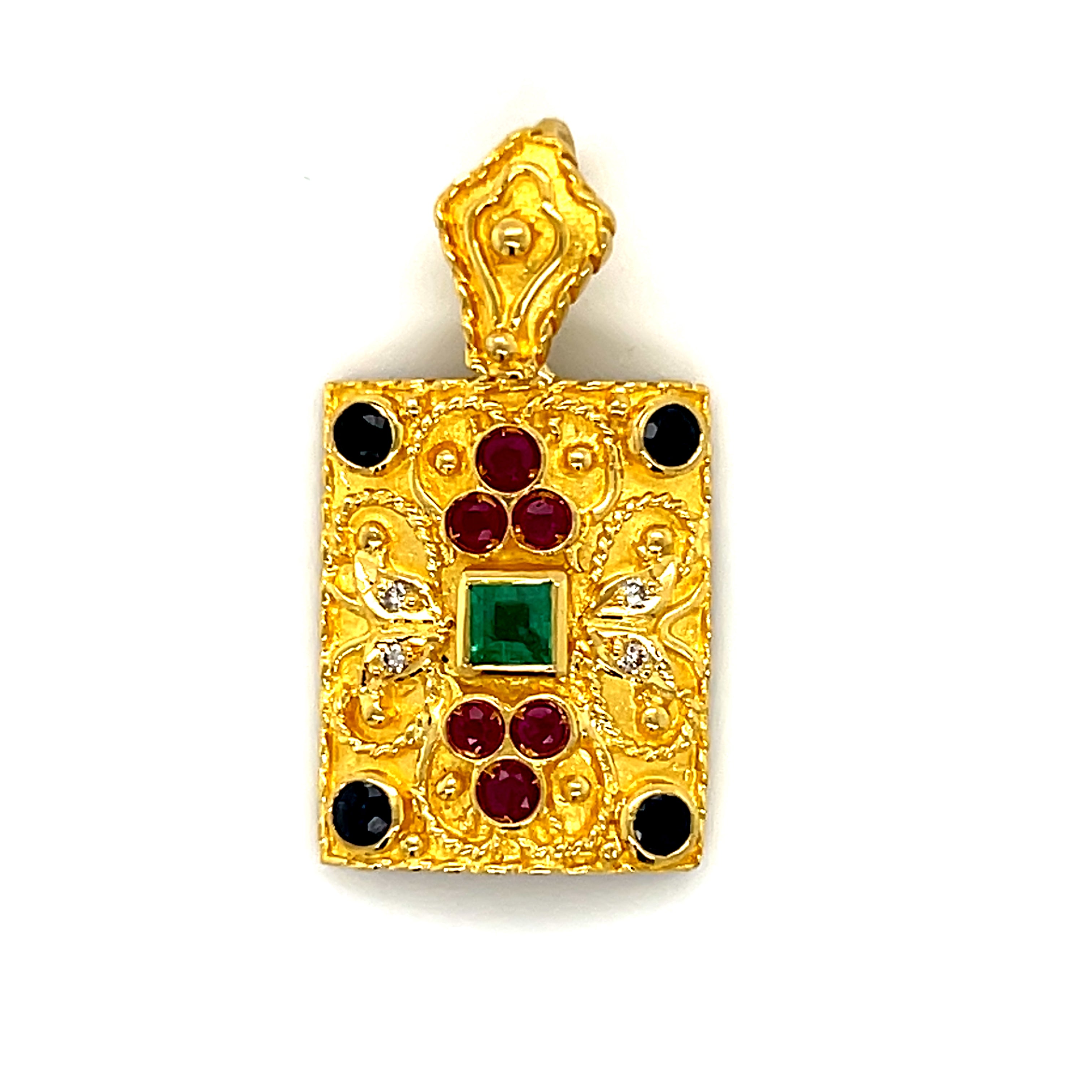 "Audrey" 18K Yellow Gold Ruby, Emerald, Sapphire, and Diamond Vintage Estate Pendant