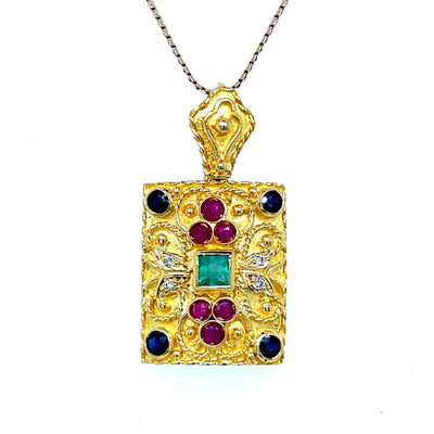 "Audrey" 18K Yellow Gold Ruby, Emerald, Sapphire, and Diamond Vintage Estate Pendant