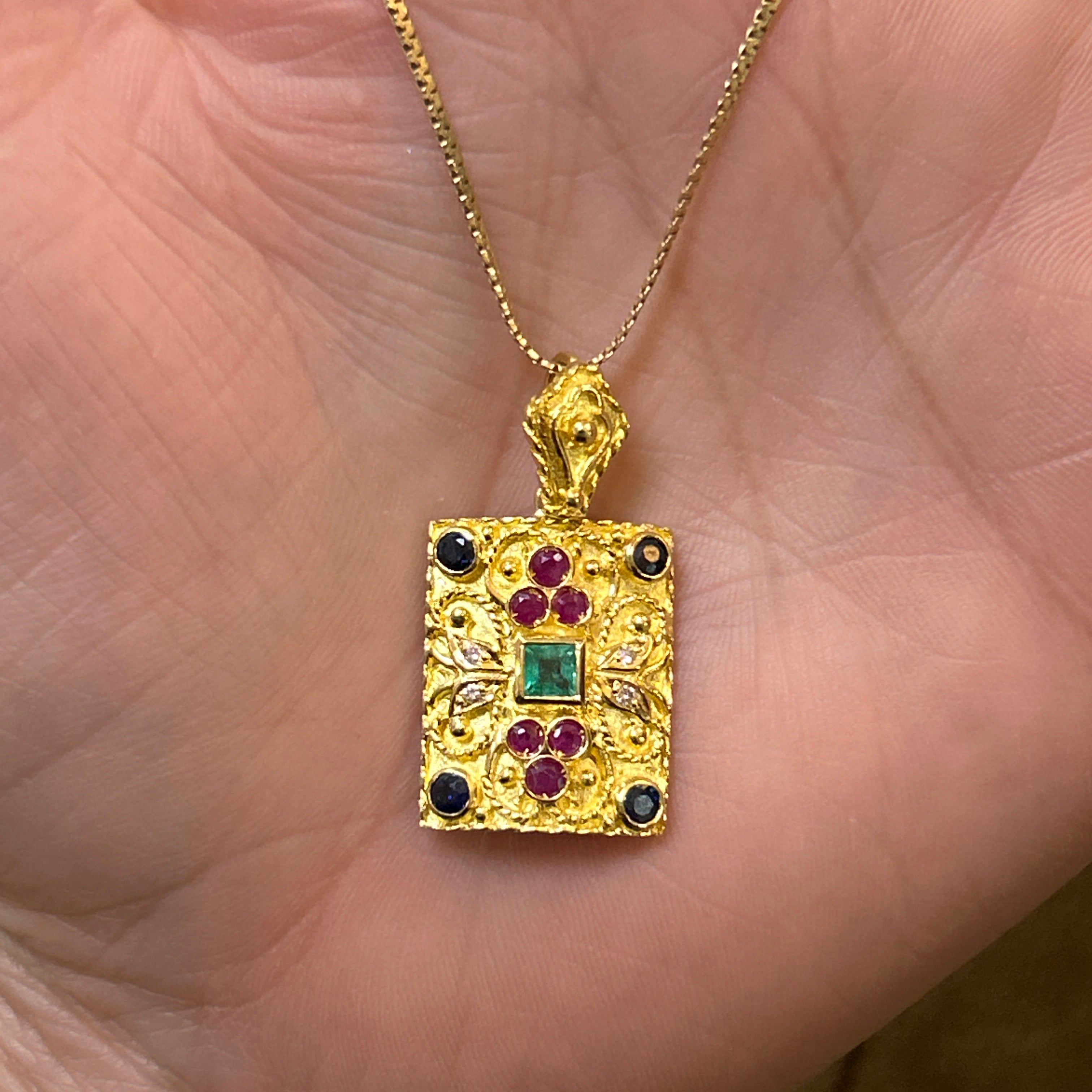 "Audrey" 18K Yellow Gold Ruby, Emerald, Sapphire, and Diamond Vintage Estate Pendant