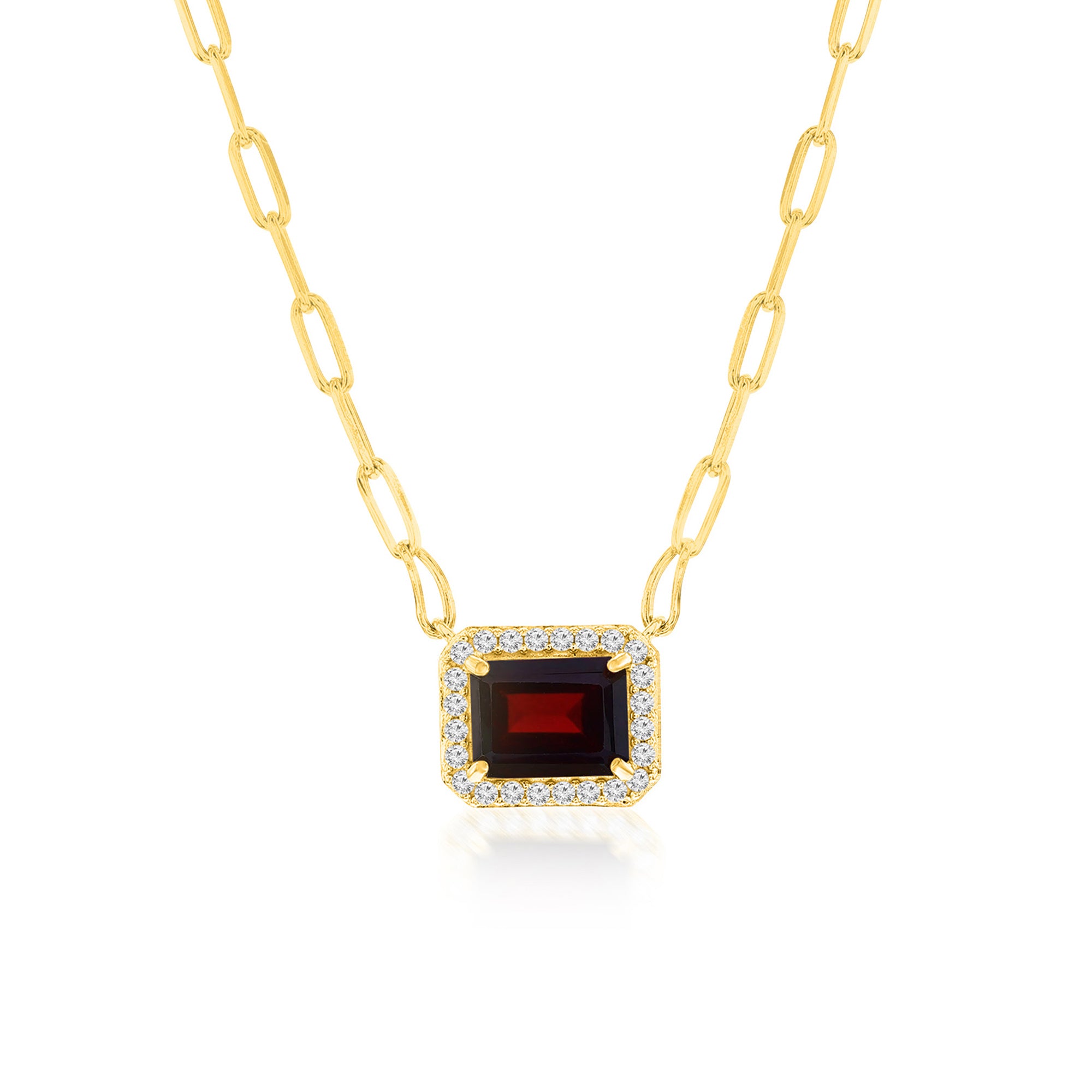 Sterling Silver Gold-Plated 6x8mm Rectangle Garnet and White Topaz Halo Paperclip Necklace (16" + 2" Extender)