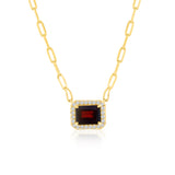 Sterling Silver Gold-Plated 6x8mm Rectangle Garnet and White Topaz Halo Paperclip Necklace (16" + 2" Extender)