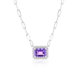 Sterling Silver Paperclip Necklace with 6x8mm Rectangle Amethyst and White Topaz Border 16+2"