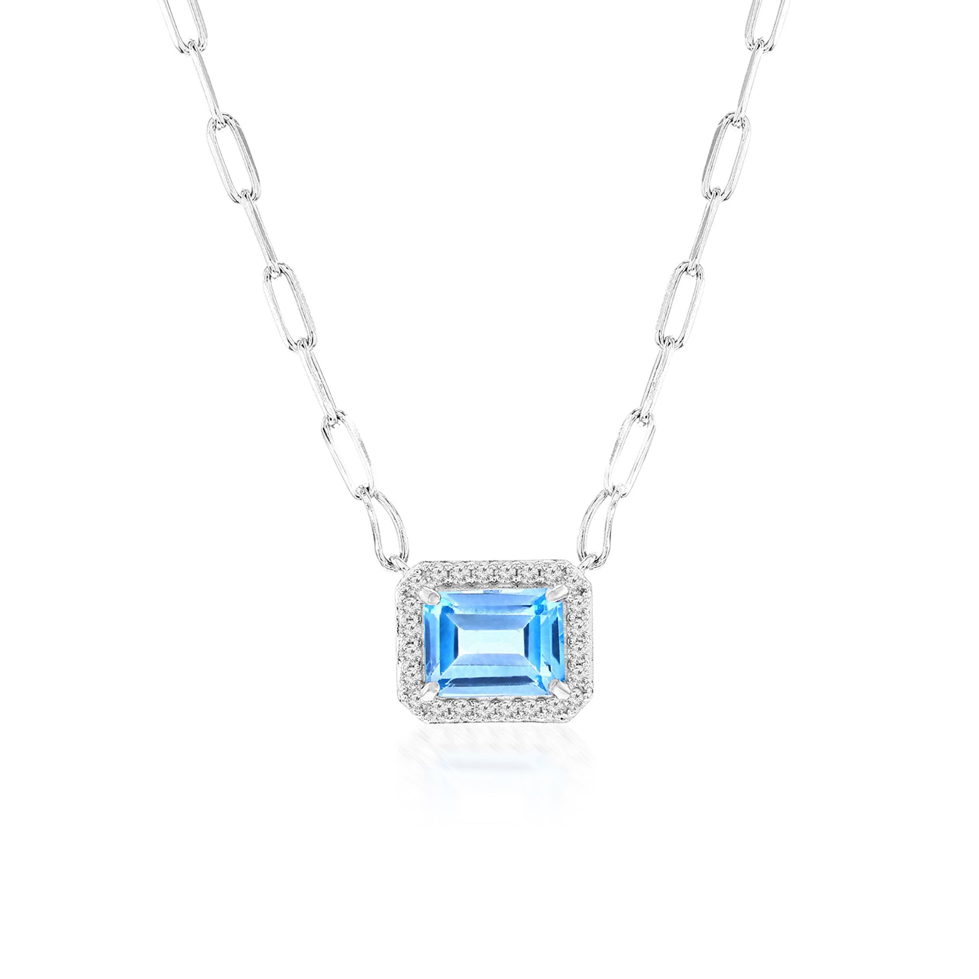 Sterling Silver Rectangle 6x8mm Blue Topaz with White Topaz Border Paperclip Necklace 16+2"