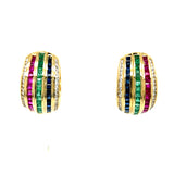 "Bows" 18KY Ruby, Emerald, Sapphire, and Diamond Estate Omega Back Earrings