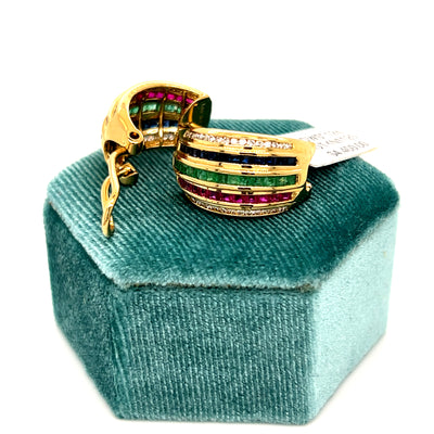 "Bows" 18KY Ruby, Emerald, Sapphire, and Diamond Estate Omega Back Earrings