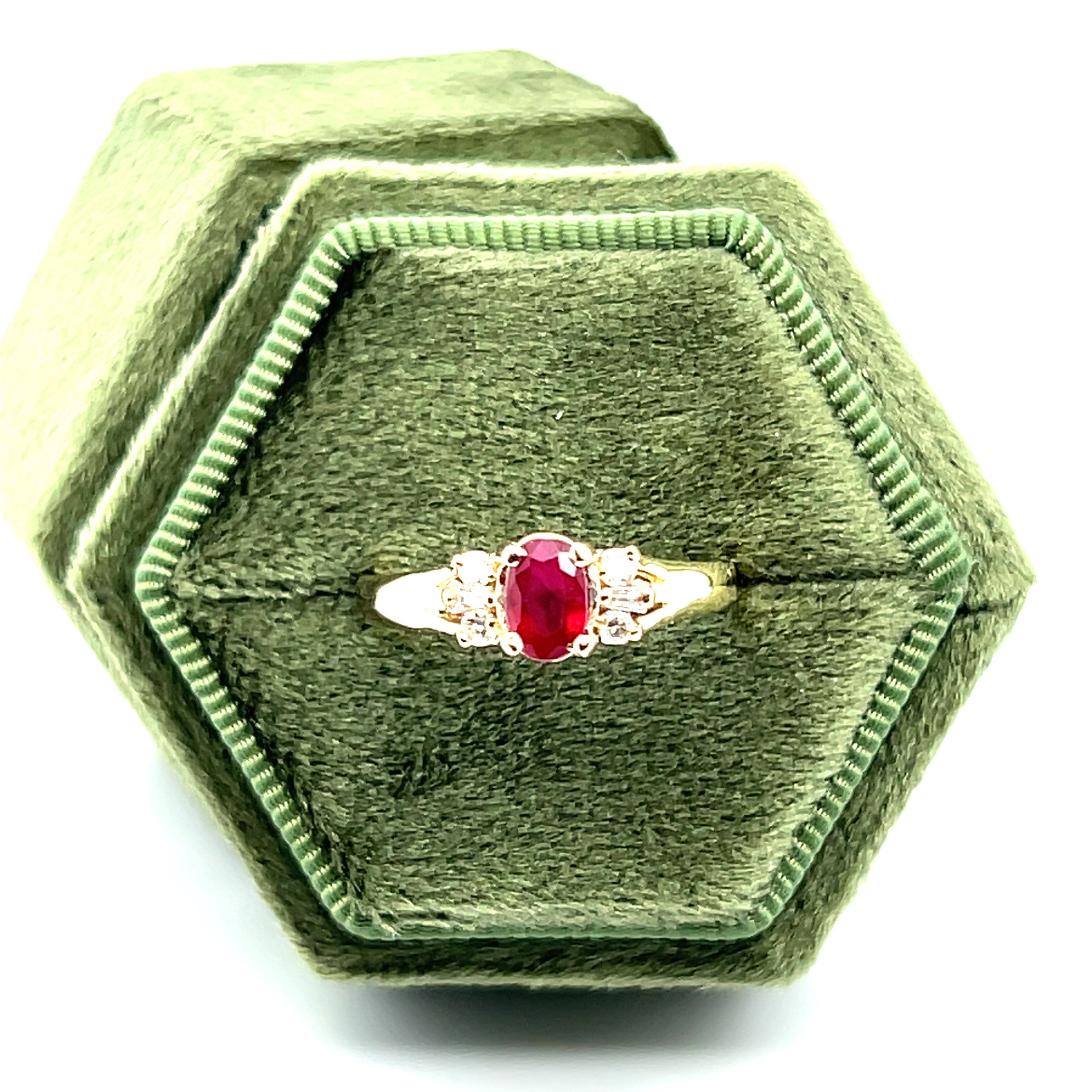 "Cardinal" 14K Yellow Gold 6x4 Oval Ruby and Diamond Ring Estate