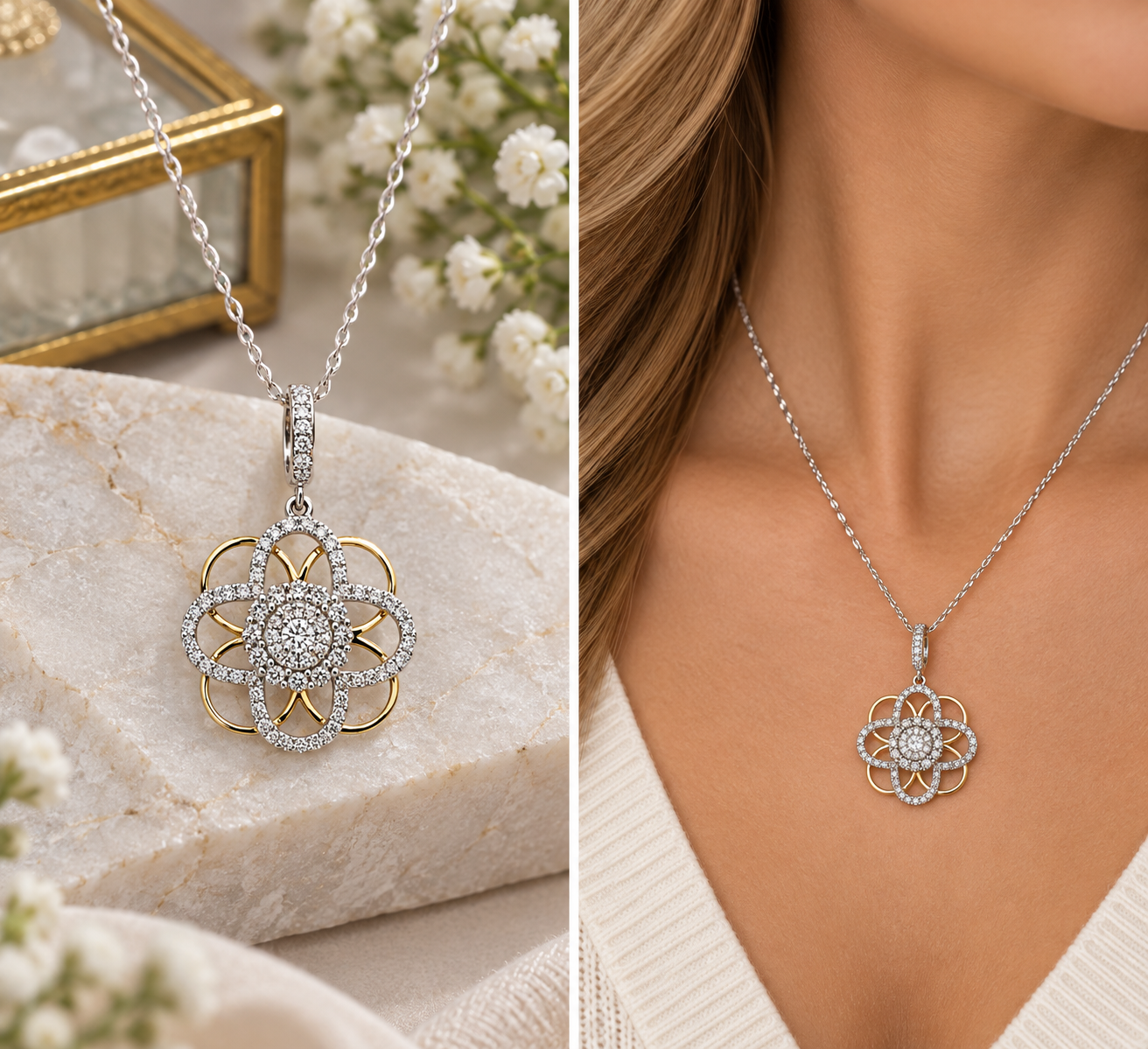 14K White and Yellow Gold 1/4 Carat Total Weight Diamond Pendant Necklace