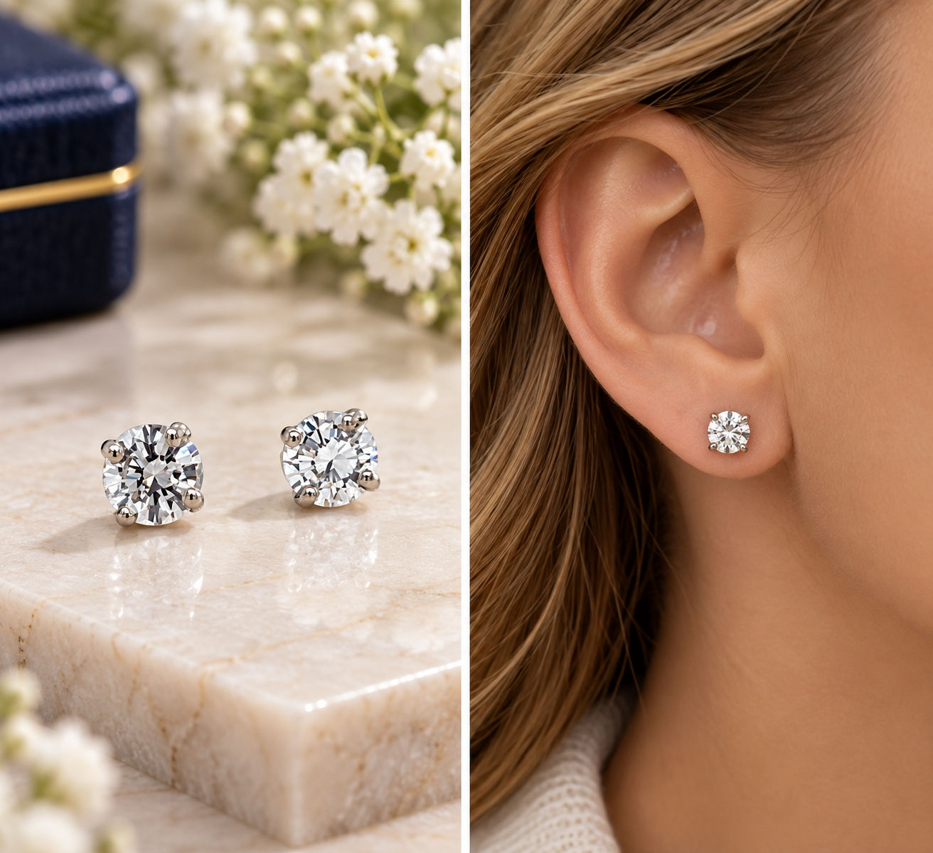 14K White Gold 1/2 Carat Total Weight Diamond Studs WJS SI3 H