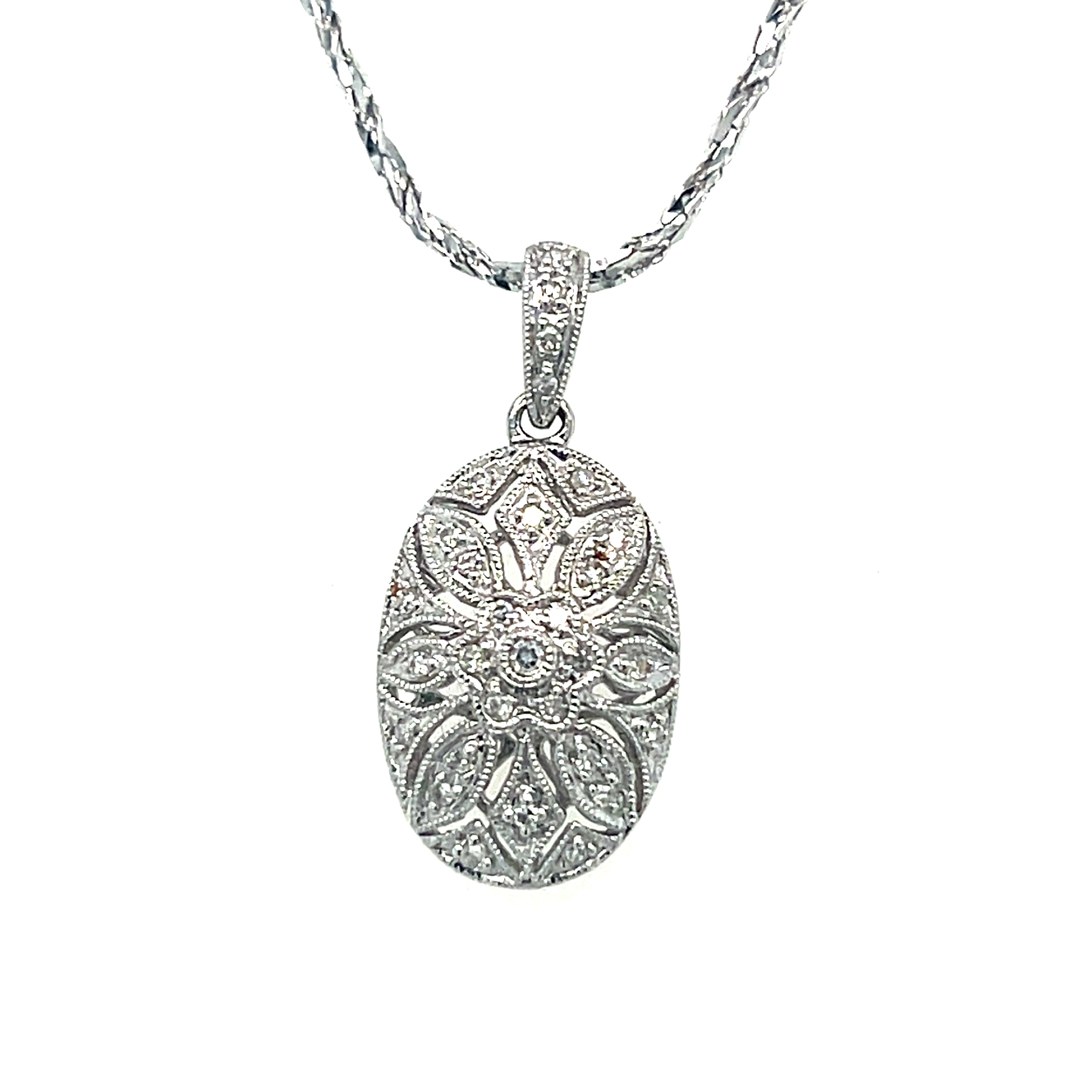 "Clara" 14K White Gold 0.15CTW Diamond Oval Filigree Flower Pendant Estate