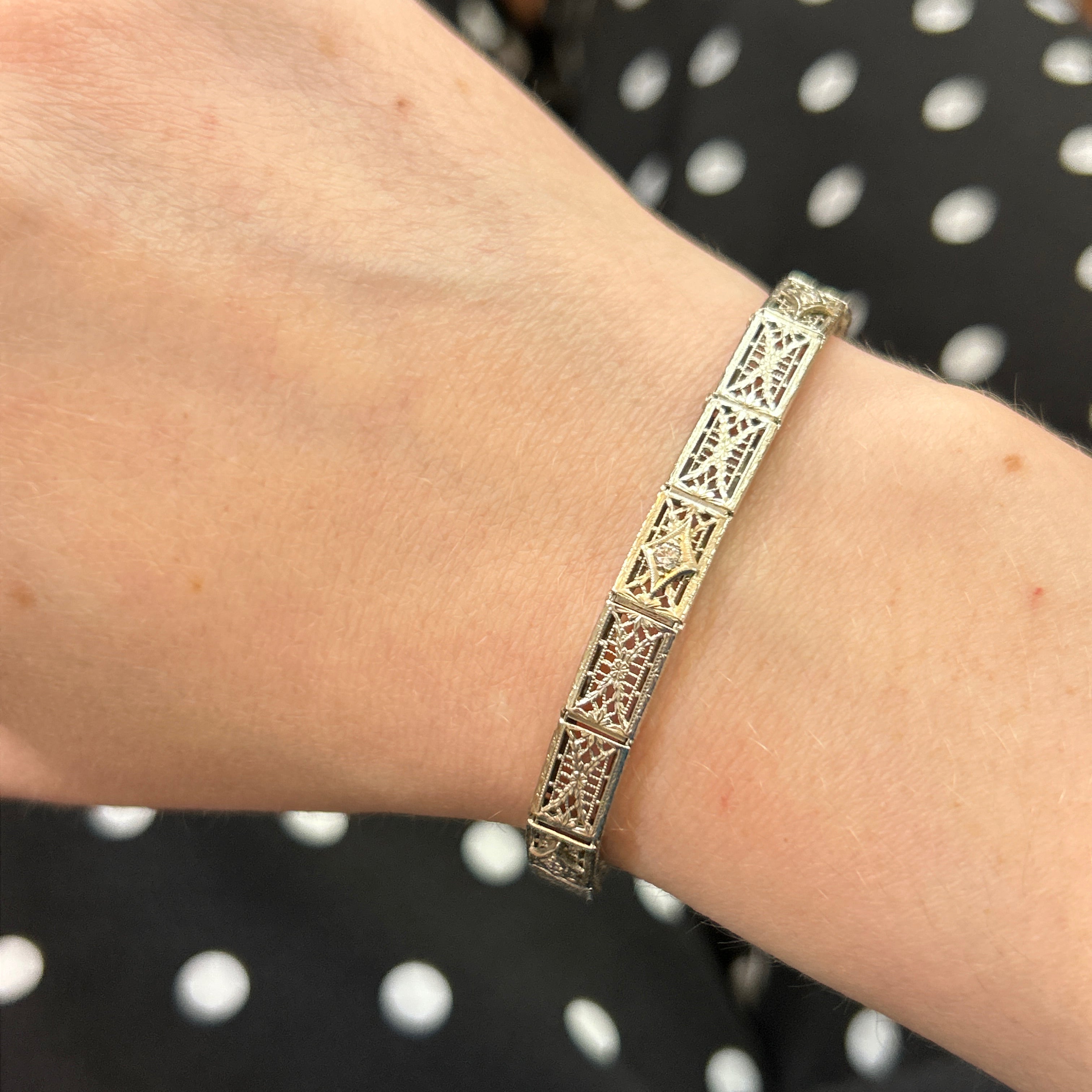 "Clarice" Vintage Art Deco 14K White Gold Filigree Diamond Bracelet Estate
