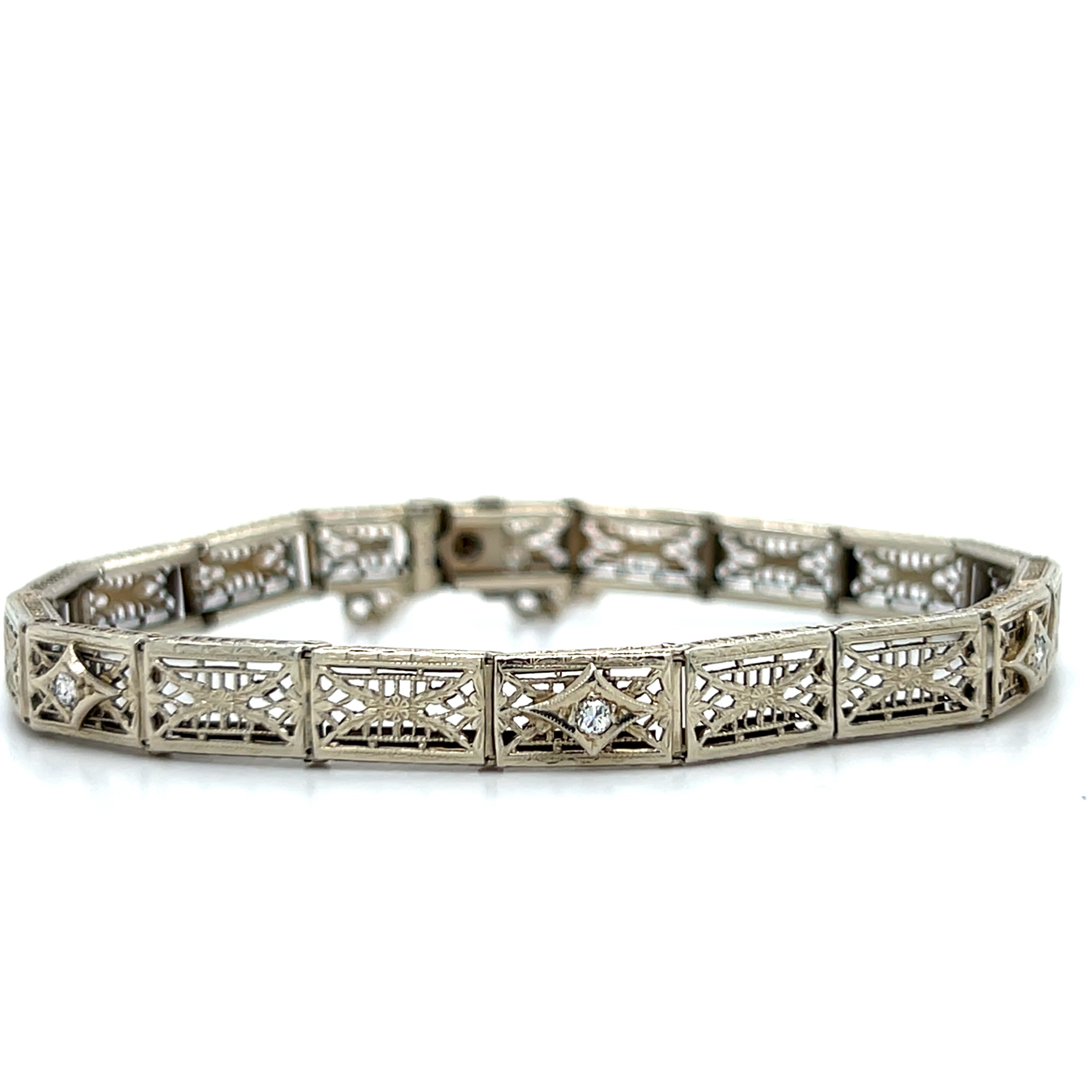"Clarice" Vintage Art Deco 14K White Gold Filigree Diamond Bracelet Estate