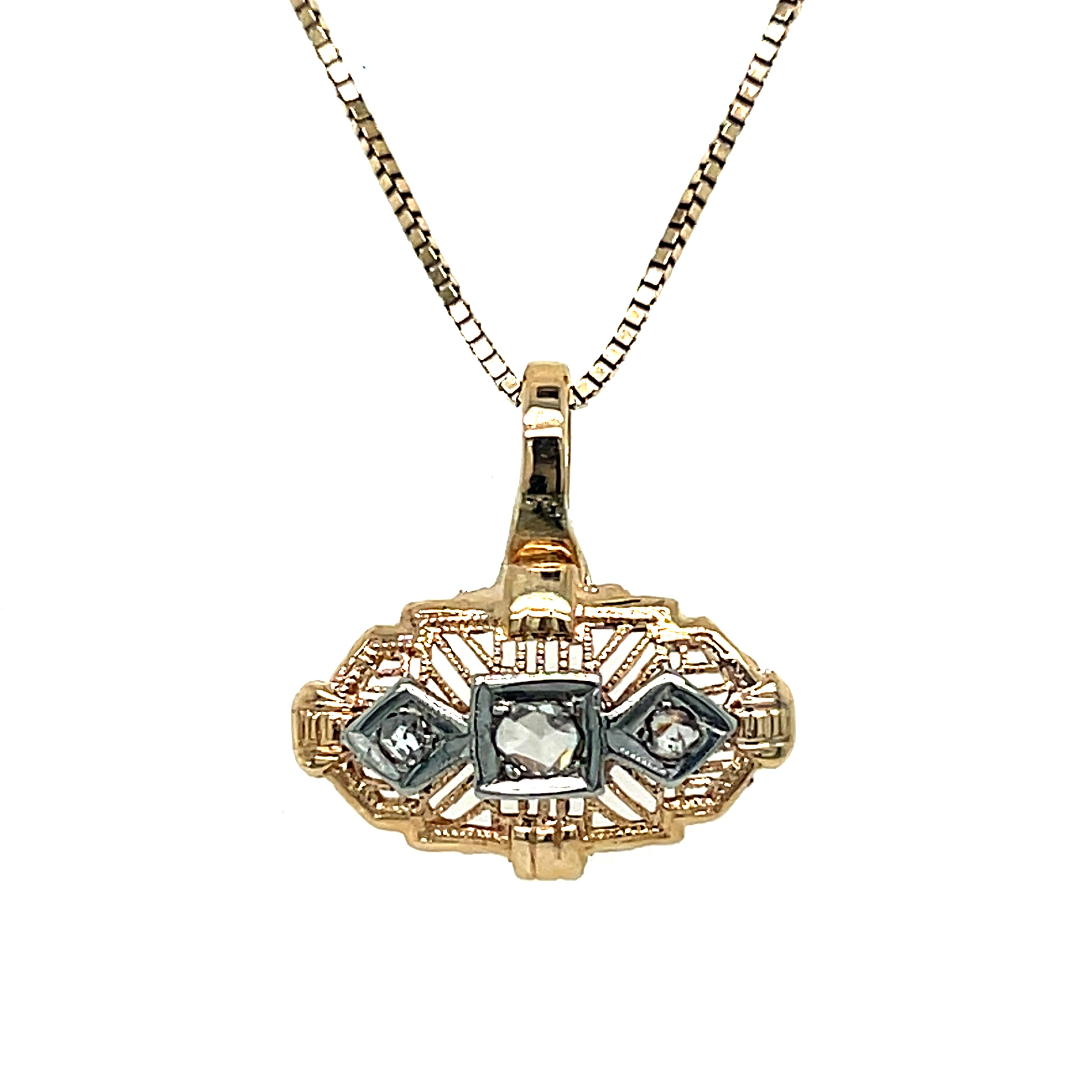 Classic Chassis" 14K Yellow Gold 3-Stone Rose Cut Diamond Pendant Necklace on 14K Yellow Gold 0.80mm Box Chain 16" Estate Vintage Collection 25LOOCTY