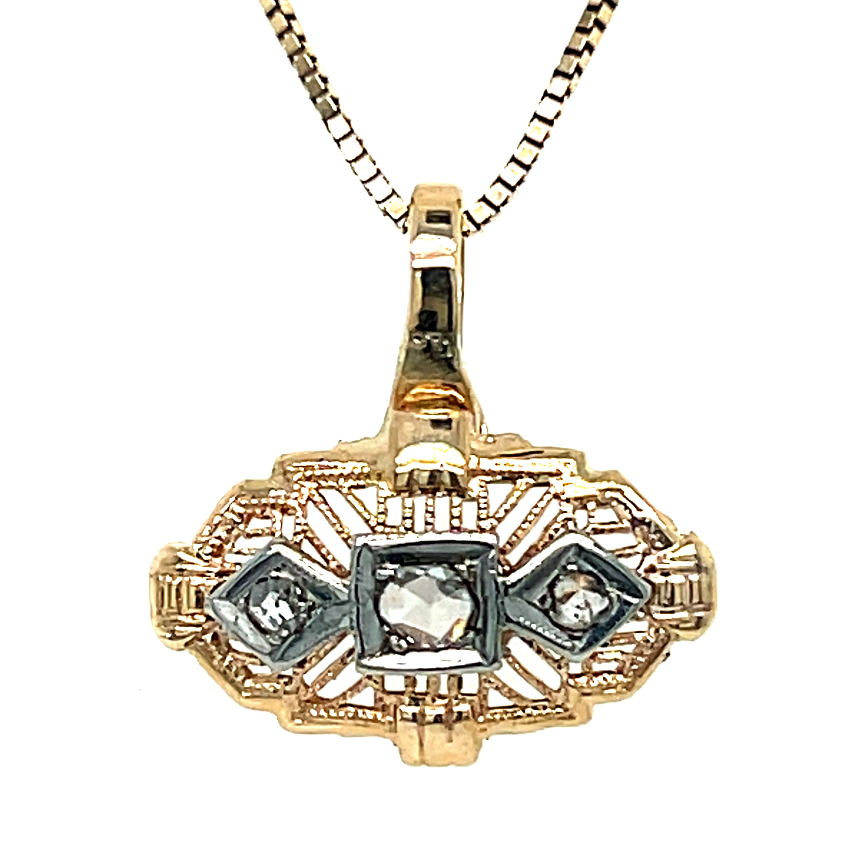 Classic Chassis" 14K Yellow Gold 3-Stone Rose Cut Diamond Pendant Necklace on 14K Yellow Gold 0.80mm Box Chain 16" Estate Vintage Collection 25LOOCTY