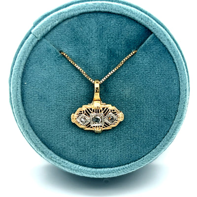 Classic Chassis" 14K Yellow Gold 3-Stone Rose Cut Diamond Pendant Necklace on 14K Yellow Gold 0.80mm Box Chain 16" Estate Vintage Collection 25LOOCTY
