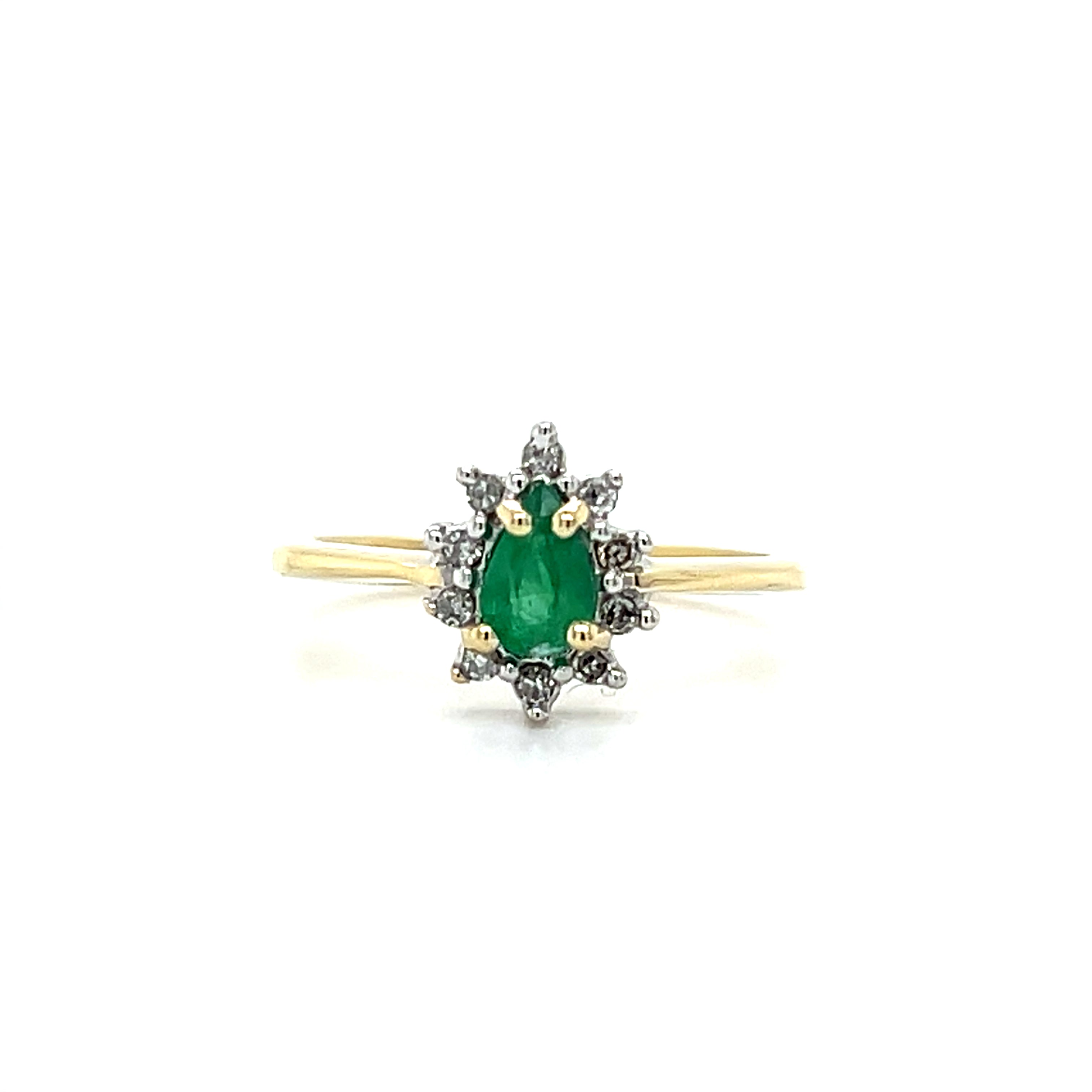 "Clover" 10K Yellow Gold 6x4 Pear Cut Emerald Ring with Diamond Halo Estate