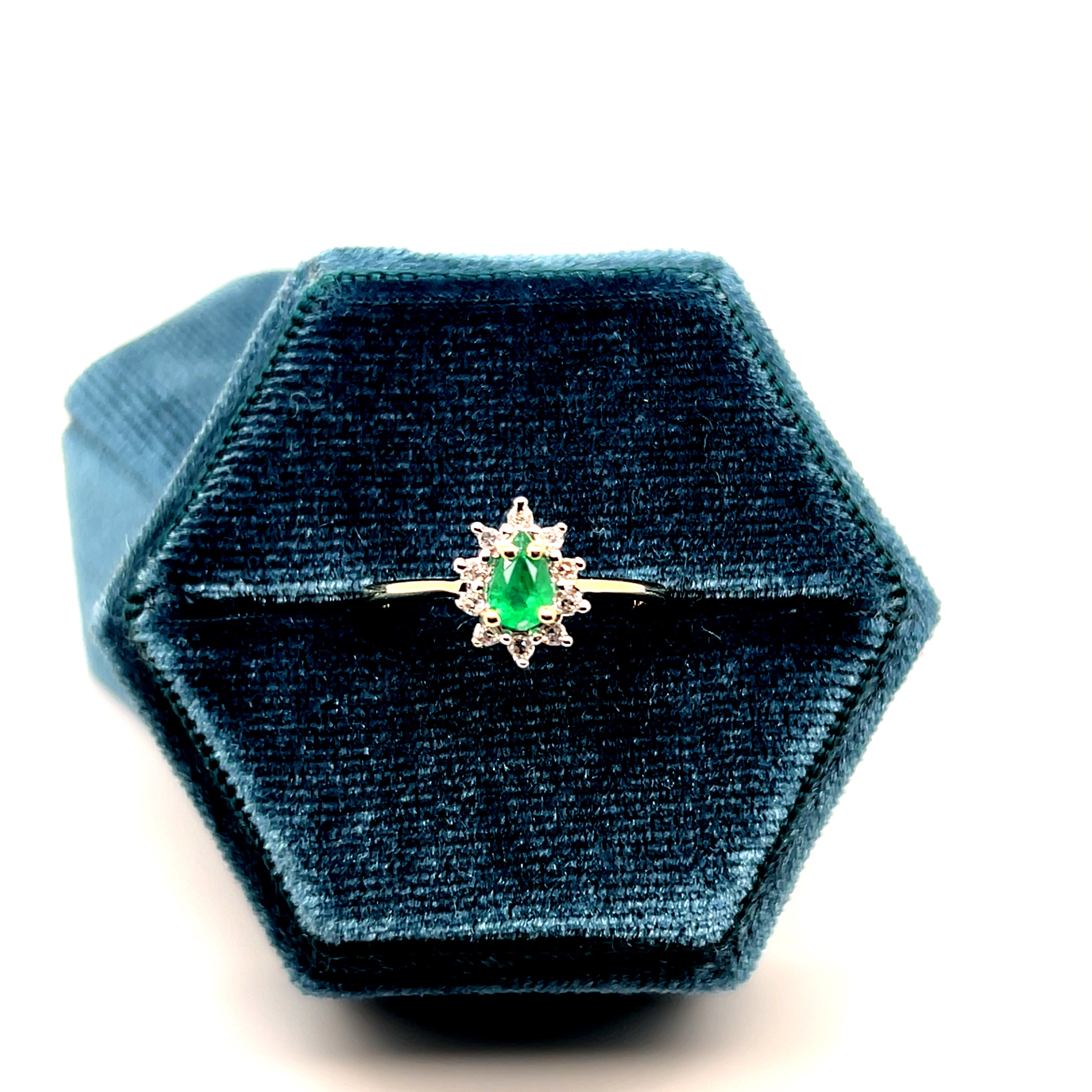 "Clover" 10K Yellow Gold 6x4 Pear Cut Emerald Ring with Diamond Halo Estate