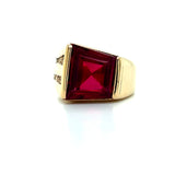 "Reed" 10K Yellow Gold 9.4gram 10mm Trapezoid Shaped Created Lab Grown Ruby Signet Ring Estate