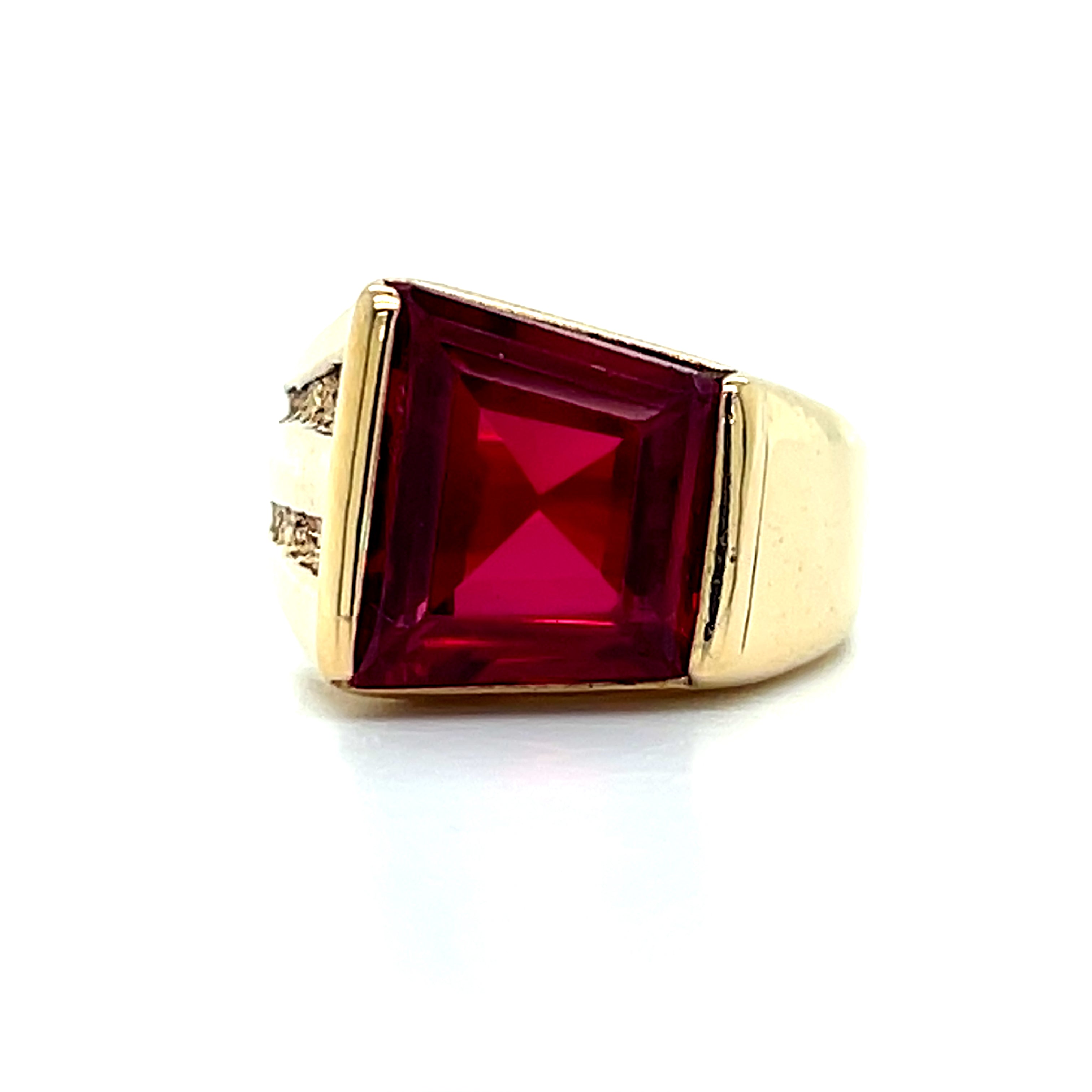 "Reed" 10K Yellow Gold 9.4gram 10mm Trapezoid Shaped Created Lab Grown Ruby Signet Ring Estate