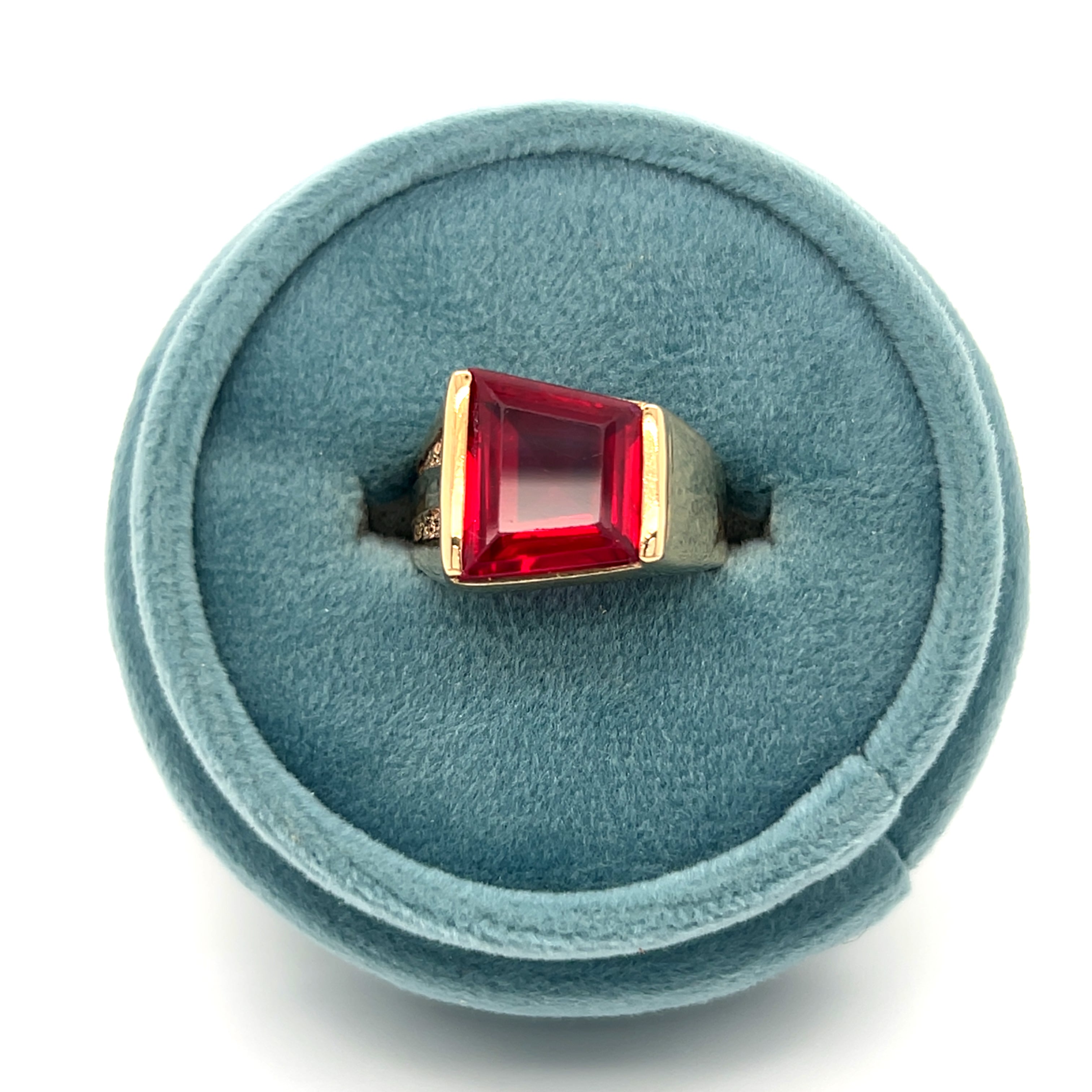 "Reed" 10K Yellow Gold 9.4gram 10mm Trapezoid Shaped Created Lab Grown Ruby Signet Ring Estate
