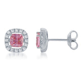 Sterling Silver Pink and White  CZ Micro Pave Square Stud Earrings
