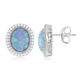 Sterling Silver Oval White Opal with CZ Border Earrings