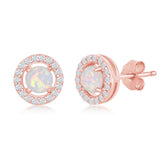 Sterling Silver Rose Gold Plated Four-Prong White Opal with CZ Halo Round Stud Earrings