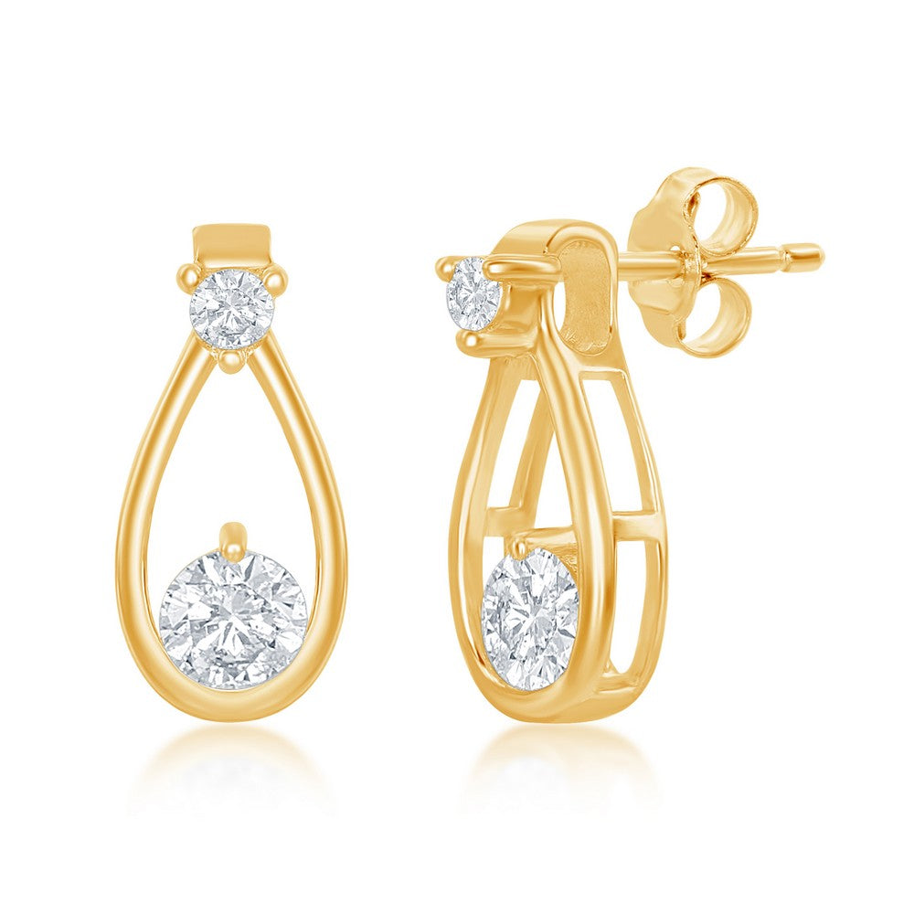 Sterling Silver Gold Plated ~14x6mm Open Pear-Shaped Round Cubic Zirconia Earrings