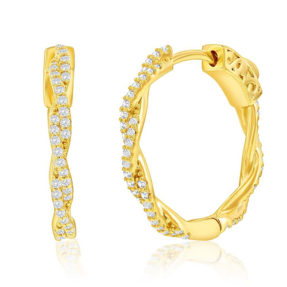 Sterling Silver Gold Plated 21mm Twisted Cubic Zirconia Hoop Earrings