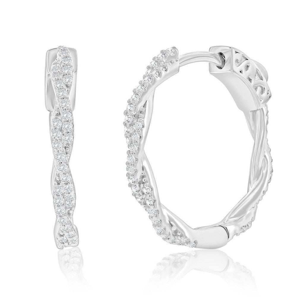 Sterling Silver 21mm Twisted Cubic Zirconia Hoop Earrings