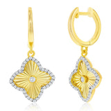 Sterling Silver Gold Plated Diamond-Cut Flower Cubic Zirconia Earrings