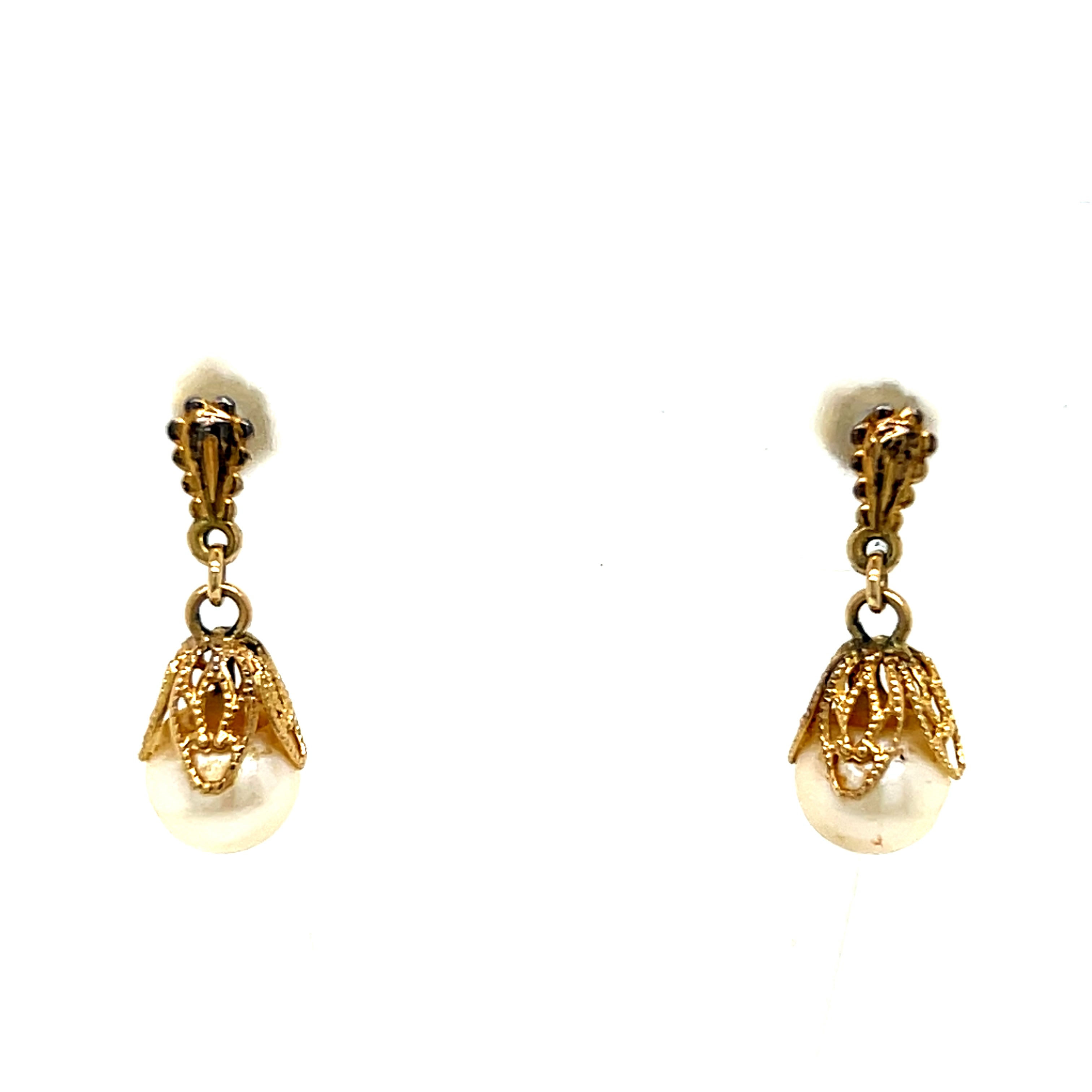 "Daffy" 14K Yellow Gold 7mm Pearl Estate Dangle Earrings